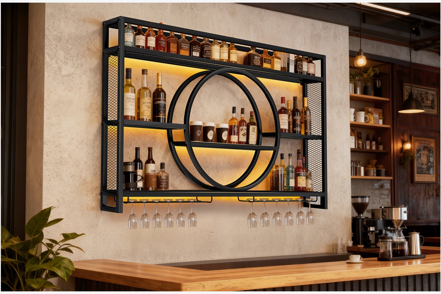 Home Bar Shelves - Stylish 3-Tier Wall-Mounted Metal Wine Rack